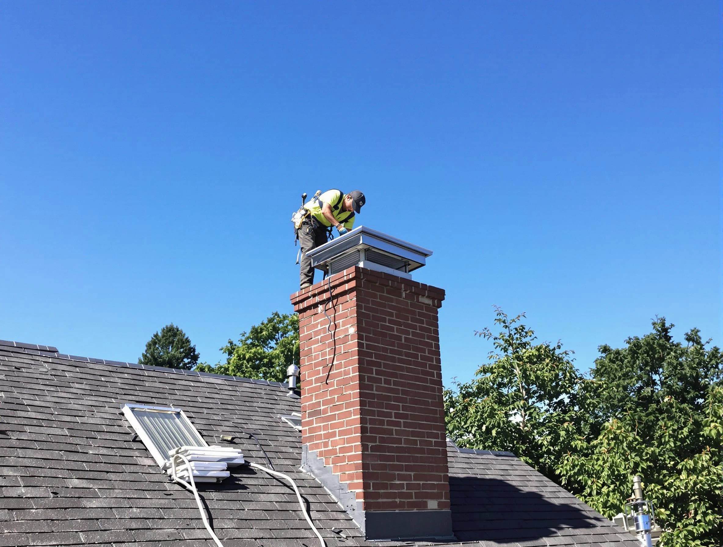 Moon Chimney Sweep technician measuring a chimney cap in Moon, PA
